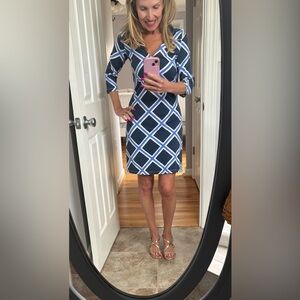 MAHI GOLD Blue and White Geometric 3/4 Sleeve Dress